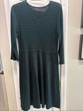 Jones New York Dark Green V-Neck Cable Knit A-Line Long Sleeve Dress